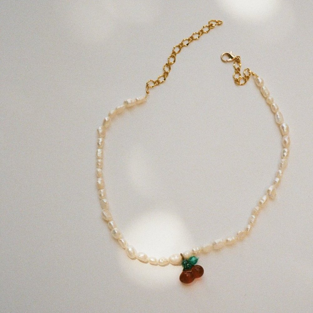 Murano Fruit Necklace - Cherry and White Pearl